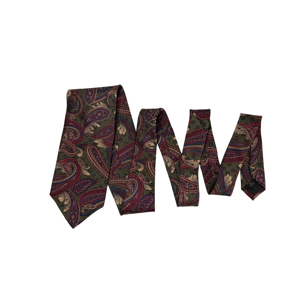 Bill Blass Mens Silk Necktie Olive Green Burgundy Paisley Made in USA